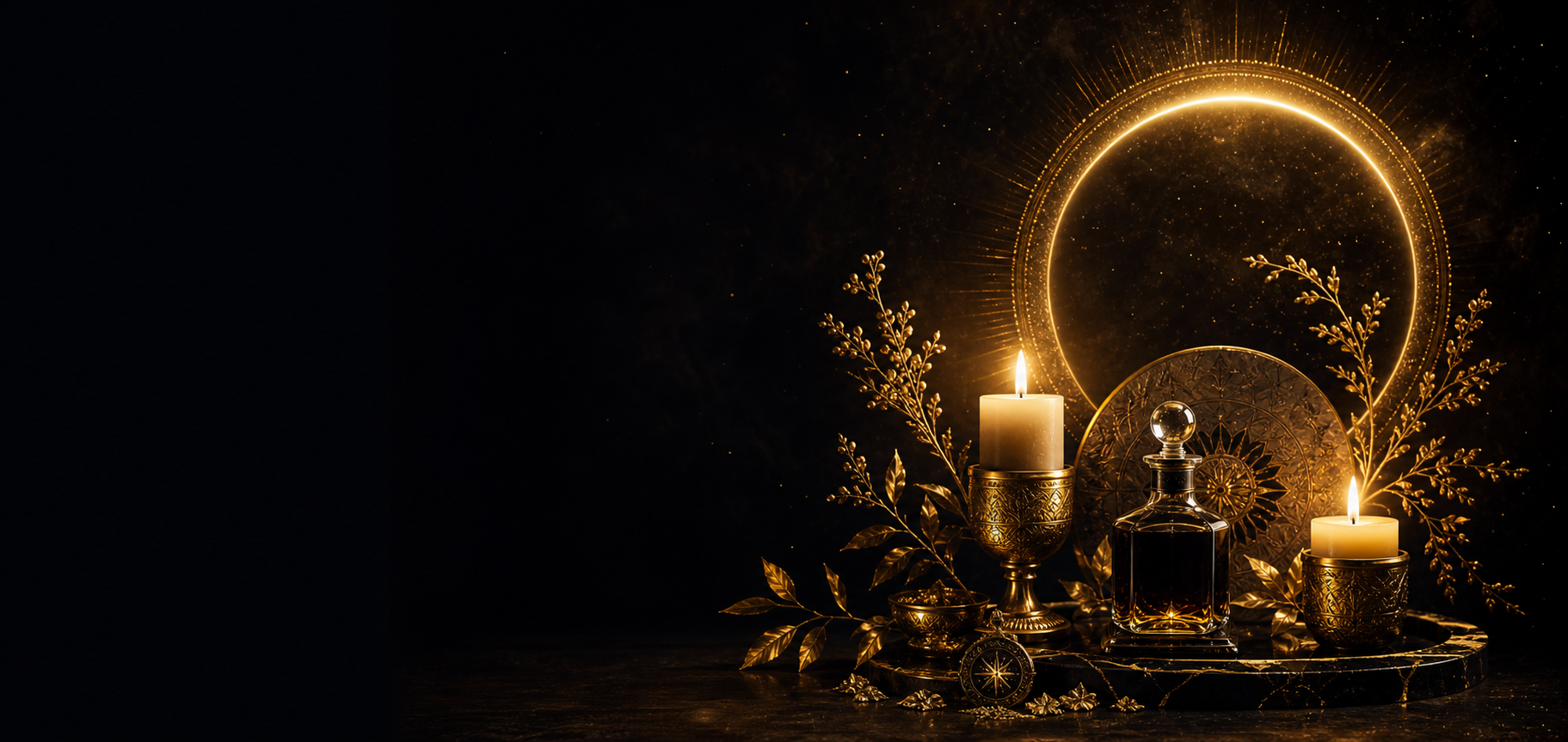 Golden ritual candles and alchemy oil beneath a luminous halo